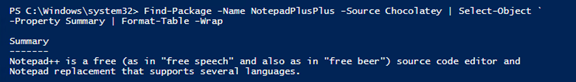 An example of using Select-Object to find more information about the Package.