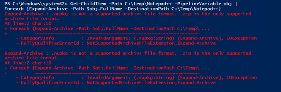 An example of trying to use the Expand-Archive cmdlet. Also an example of using the -PipelineVariable parameter.