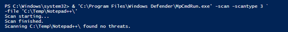 An example of using Windows Defender to scan files manually from Powershell. I believe this would work with System Center Endpoint Protection as well.