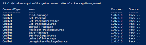 Using Get-Command with the Module property to get the list of cmdlets in the PackageManagment module.