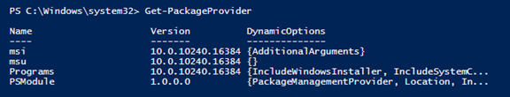 An example of running the Get-PackageProvider cmdlet.