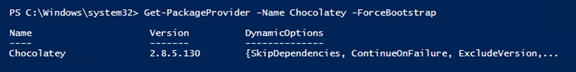 An example of using the Get-PackageProvider to add the PackageProvider Chocolatey.