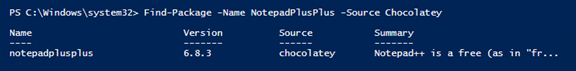 Using the Find-Package cmdlet to find Notepad++