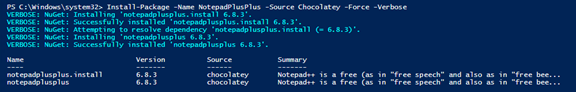 An example of using the Install-Package cmdlet.